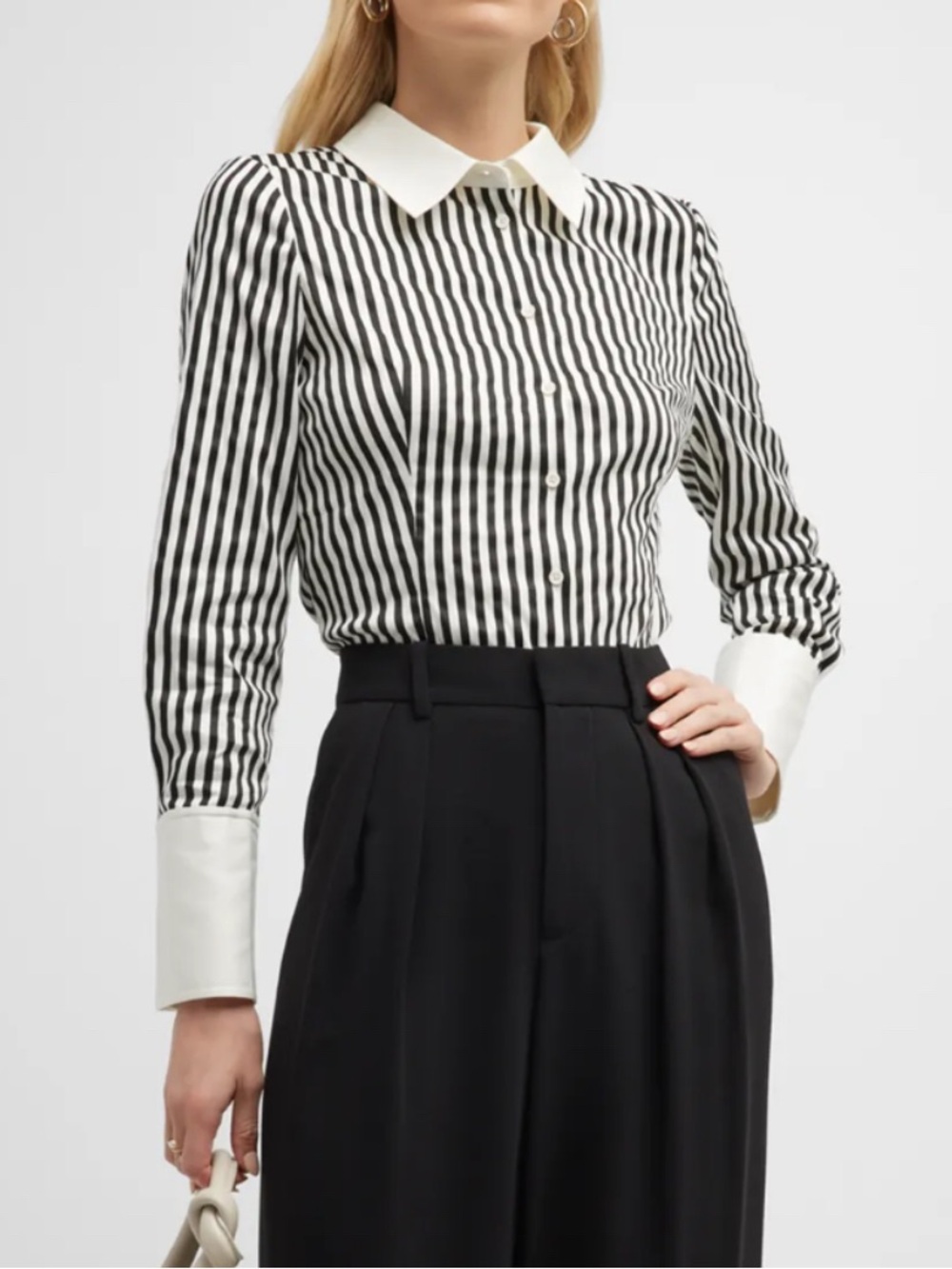 ALICE + OLIVIA Melia Fitted Dart Button-Up Shirt Black White Striped